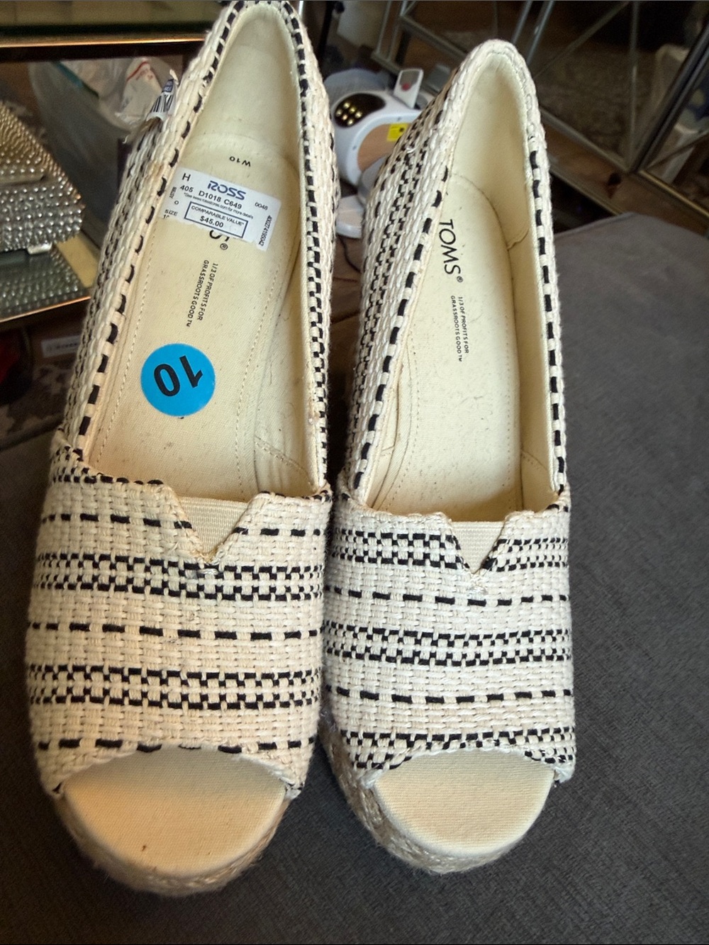 TOMS Cream and Black Woven Open-Toe Espadrille Wedges